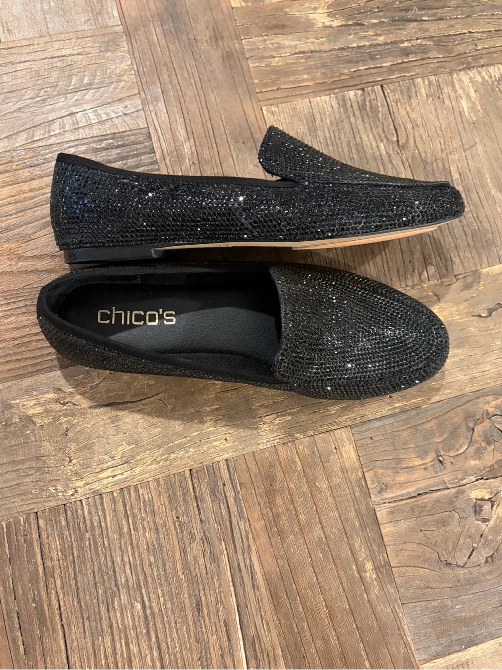Chico's Heloise Black Rhinestone Sparkle Loafer Flats - Size 6.5